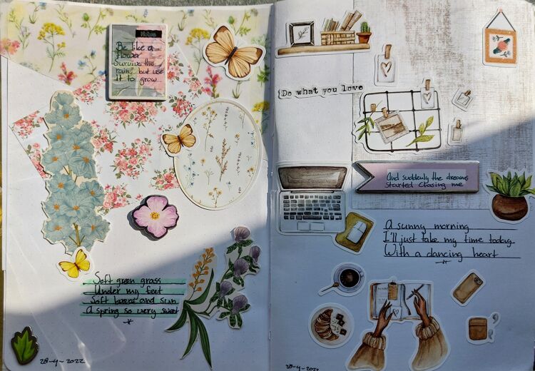 Twee bladzijden uit een journal. Je kan er al je creativiteit in kwijt.