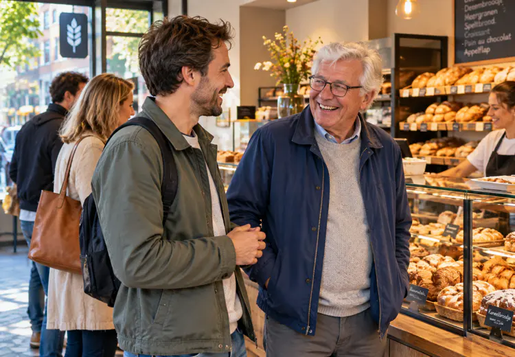 Wachtend in de rij van een winkel kun je ook een praatje maken.