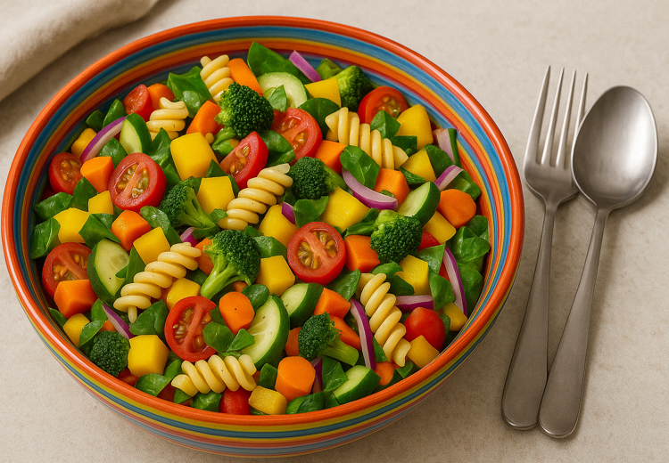 Lichte lentegerechten zoals een frisse pastasalade met groenten passen perfect bij het voorjaar.