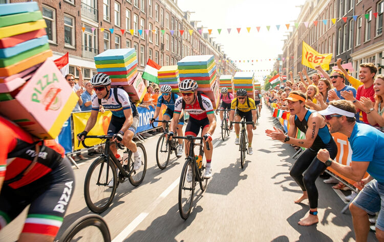 Bezorgers racen door de stad voor de nieuwe all you can eat pizza bezorgservice op 1 april.