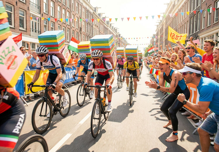 Bezorgers racen door de stad voor de nieuwe all you can eat pizza bezorgservice op 1 april.