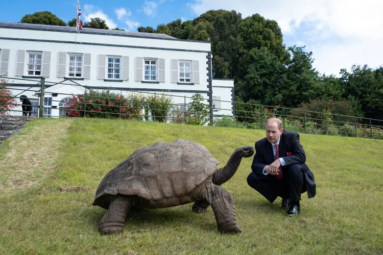 Prins Edward ontmoet Jonathan, de oudste levende landschildpad ter wereld, op het eiland Sint-Helena.