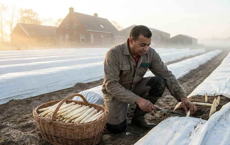 Een aspergeboer steekt de eerste witte asperges van het vroege seizoen op het land.
