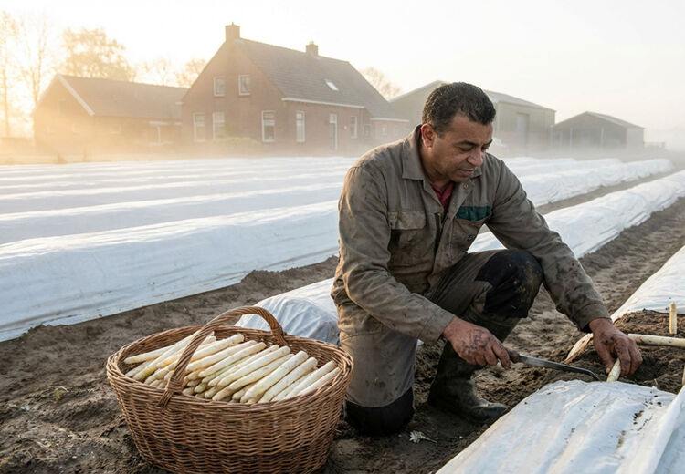 Een aspergeboer steekt de eerste witte asperges van het vroege seizoen op het land.