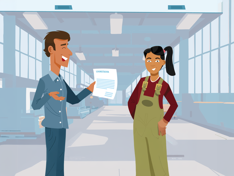 Een jobcoach legt rustig uit wat er op de loonstrook staat op de werkplek.