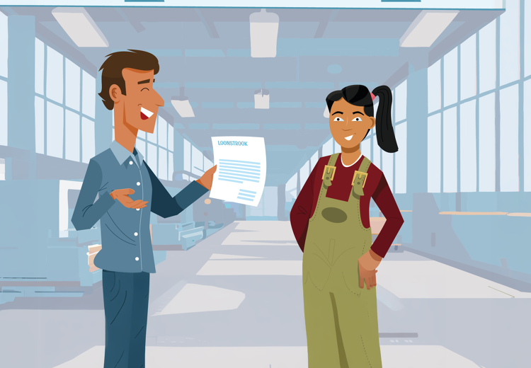 Een jobcoach legt rustig uit wat er op de loonstrook staat op de werkplek.