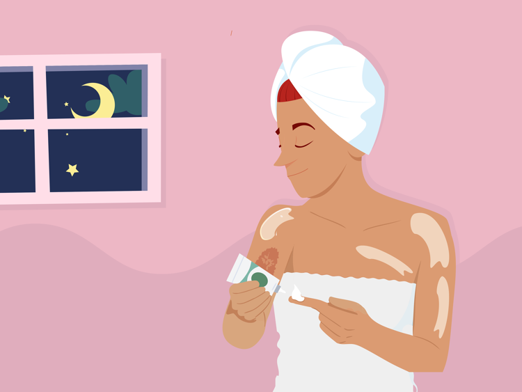 Smeer elke dag meerdere keren een vette zalf op je hele huid, ook als je geen plekken meer ziet.