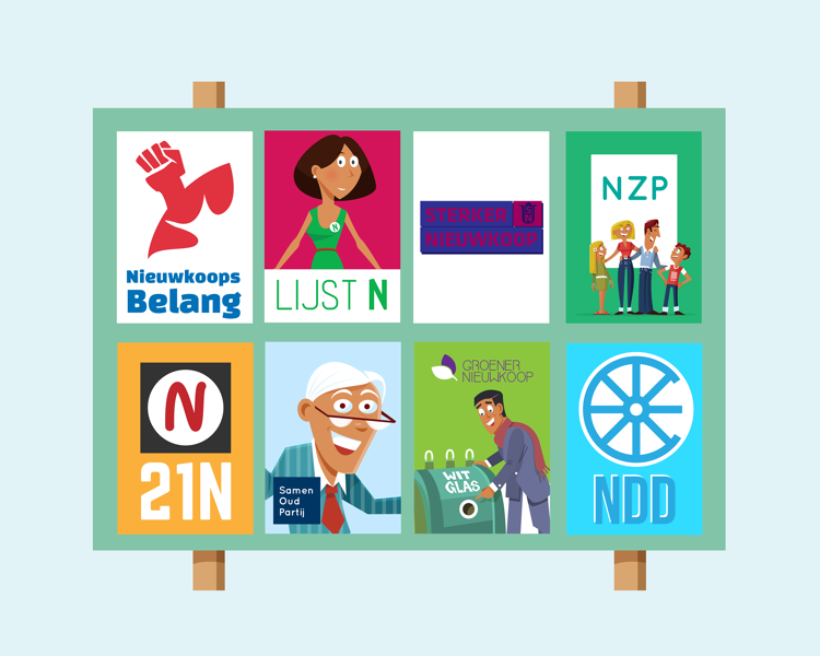 In elke gemeente staat een groot bord waar alle lokale partijen hun poster mogen ophangen.
