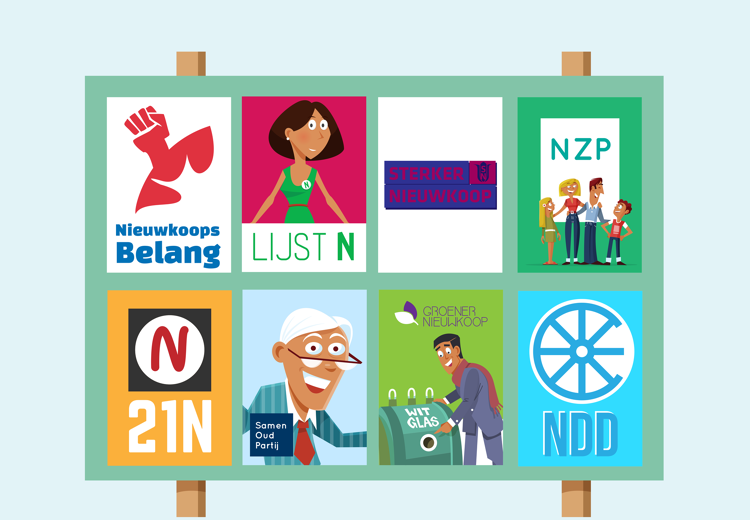 In elke gemeente staat een groot bord waar alle lokale partijen hun poster mogen ophangen.