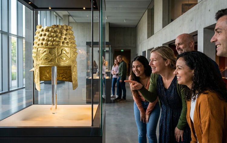 De gouden helm is met de hand gemaakt en bevat heel dun bladgoud dat voorzichtig is gevormd.