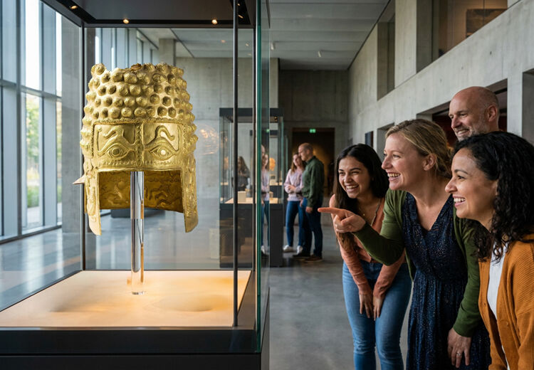 De gouden helm is met de hand gemaakt en bevat heel dun bladgoud dat voorzichtig is gevormd.