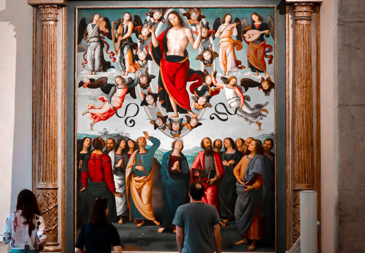 Pietro Perugino schilderde de Hemelvaart als een spel van blikken van mensen. Volg de blikken naar binnen.