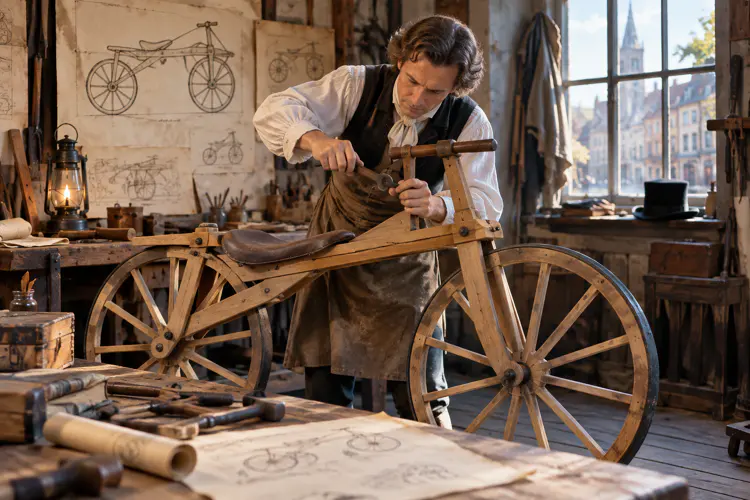 De eerste fiets uit 1817 was bijna helemaal van hout en had nog geen pedalen.