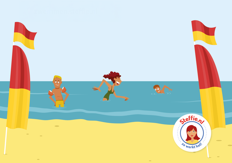 Langs de Nederlandse kust is de stroming soms sterk, dus zwem altijd tussen de vlaggen van de reddingsbrigade.