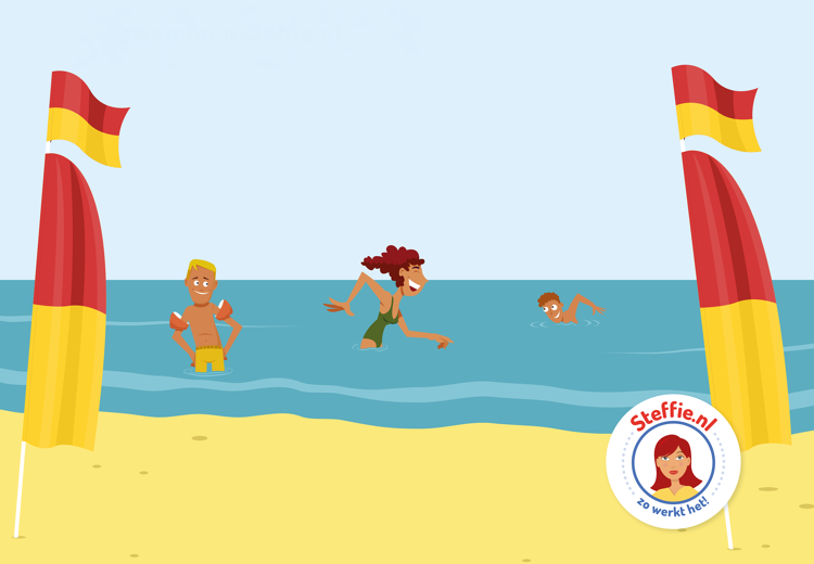 Langs de Nederlandse kust is de stroming soms sterk, dus zwem altijd tussen de vlaggen van de reddingsbrigade.