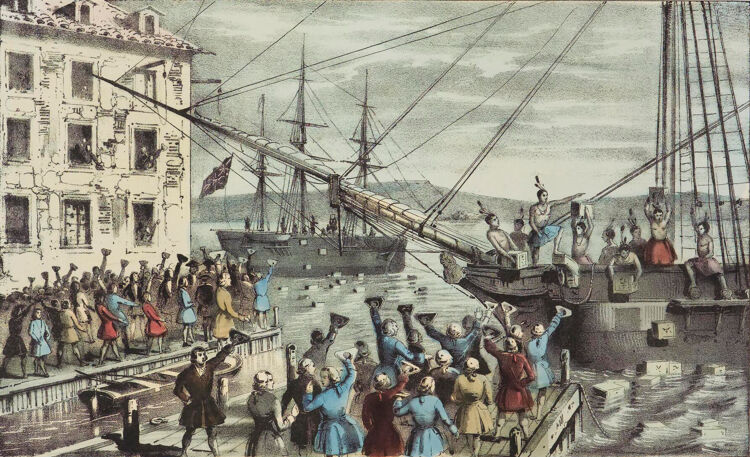In 1773 gooiden Amerikanen thee in het water tijdens de Boston Tea Party uit protest tegen belastingen van Engeland.