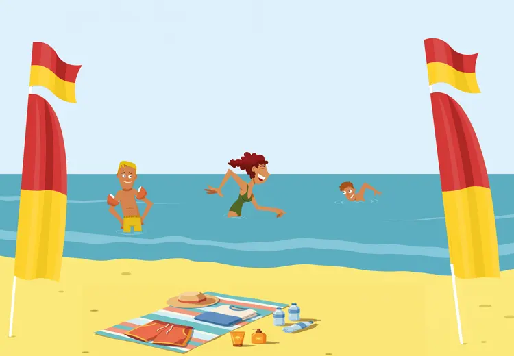 Langs de Nederlandse kust is de stroming soms sterk, dus zwem altijd tussen de vlaggen.
