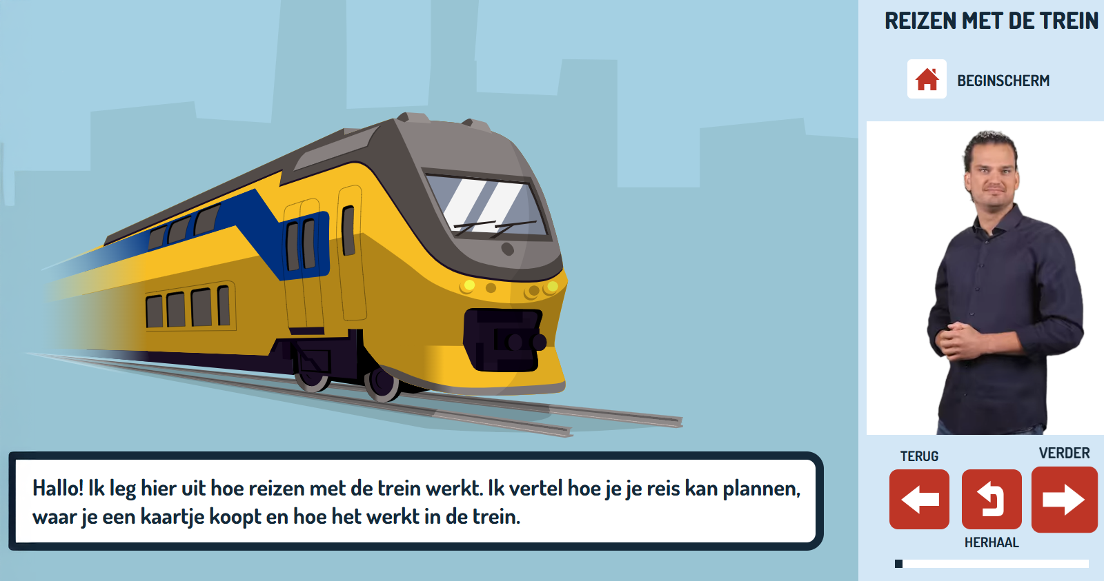 Theo legt het reizen met de trein rustig in gebarentaal uit.